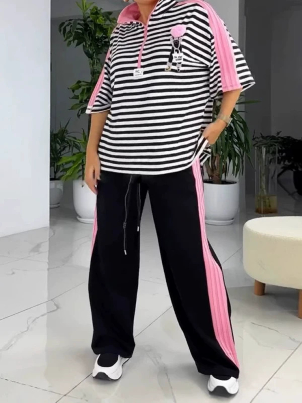 ZARA Loose Patchwork Short Sleeve Top and Striped Loose Pants Set